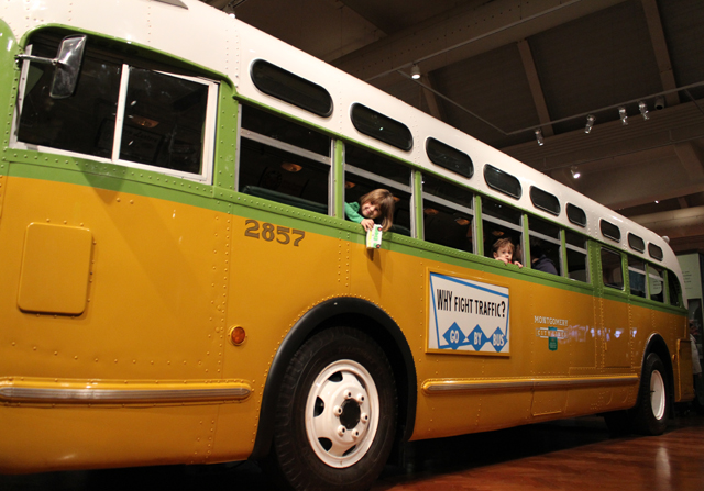 Sitting inside the Rosa Parks Bus