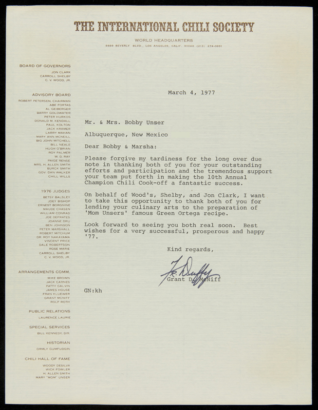 Letter from The International Chili Society