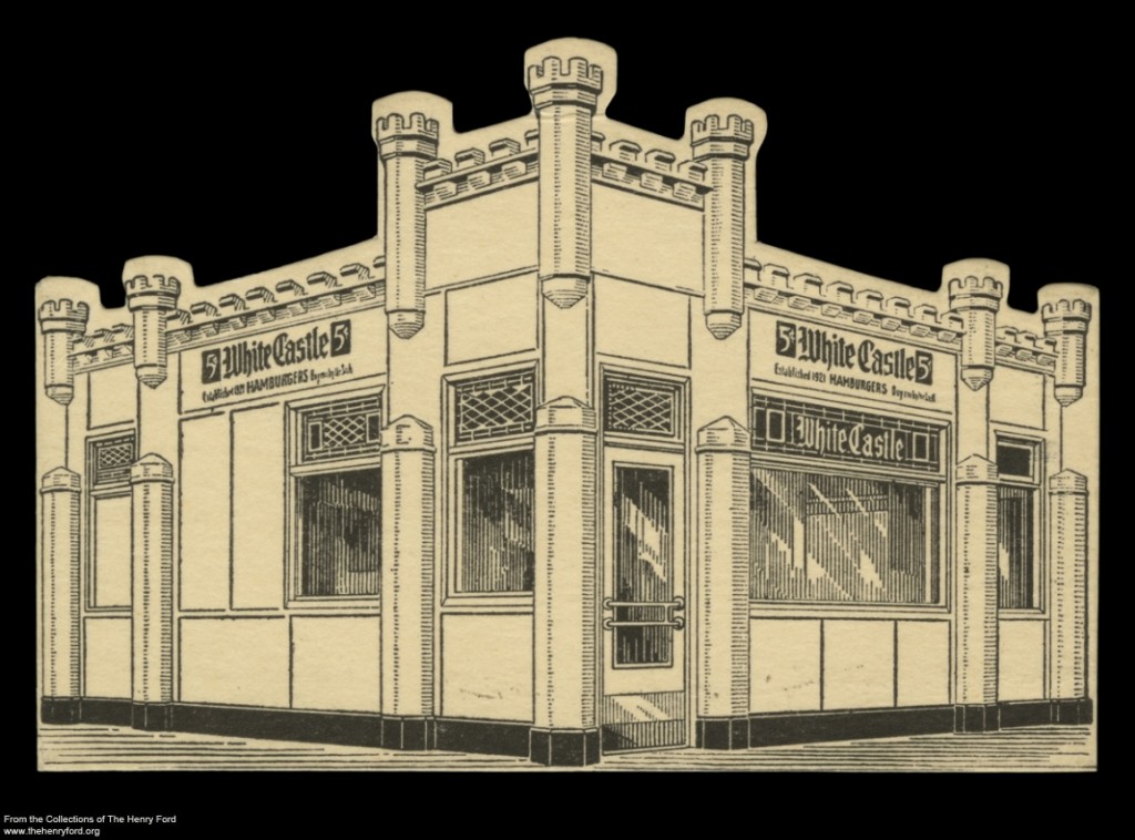 Alvin A. "Don" Dunivent's business card (front and back views), die cut in the shape of a White Castle System eating house, St. Louis, Missouri, probably 1935. THF98352