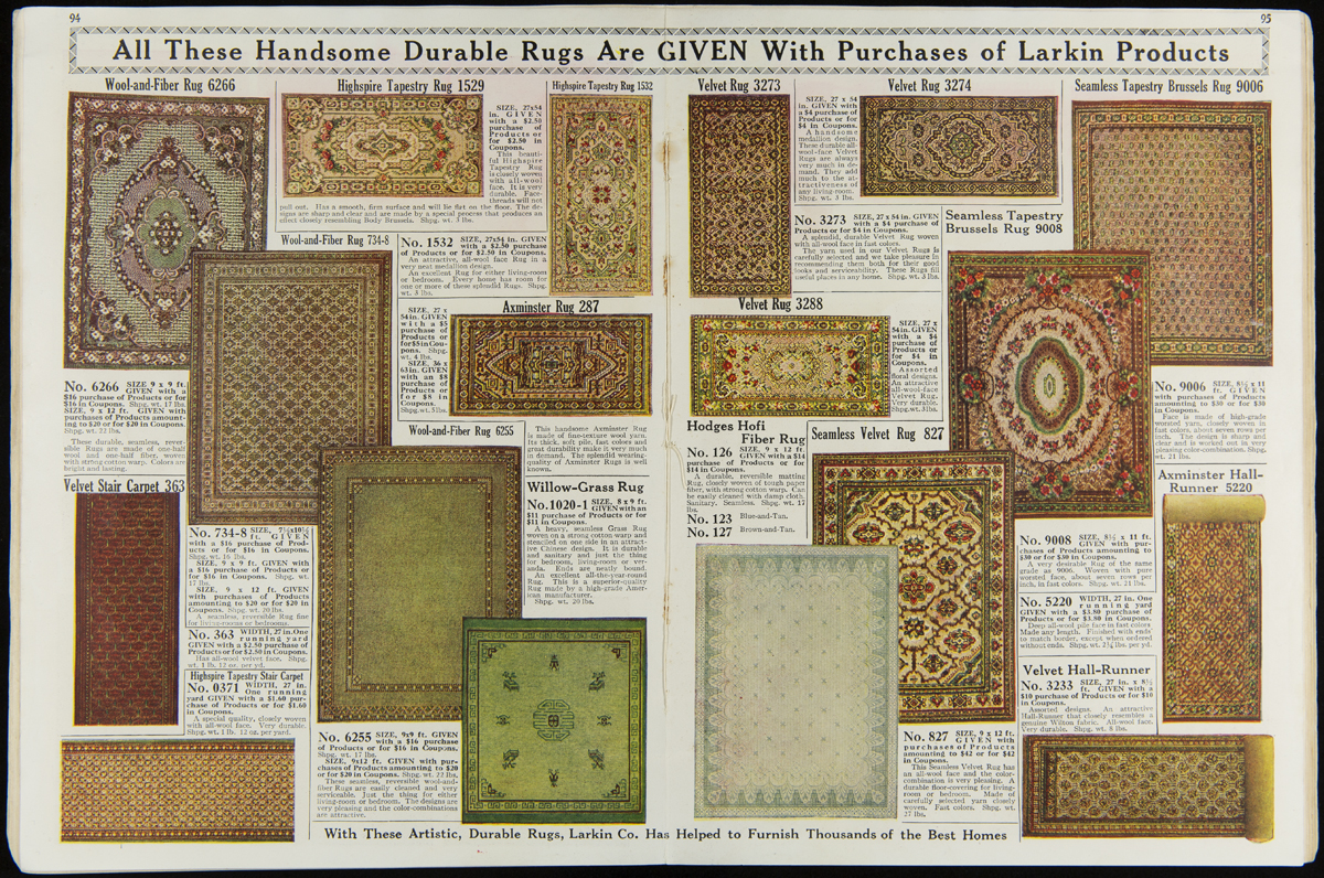 Two-page spread with images of rugs and text