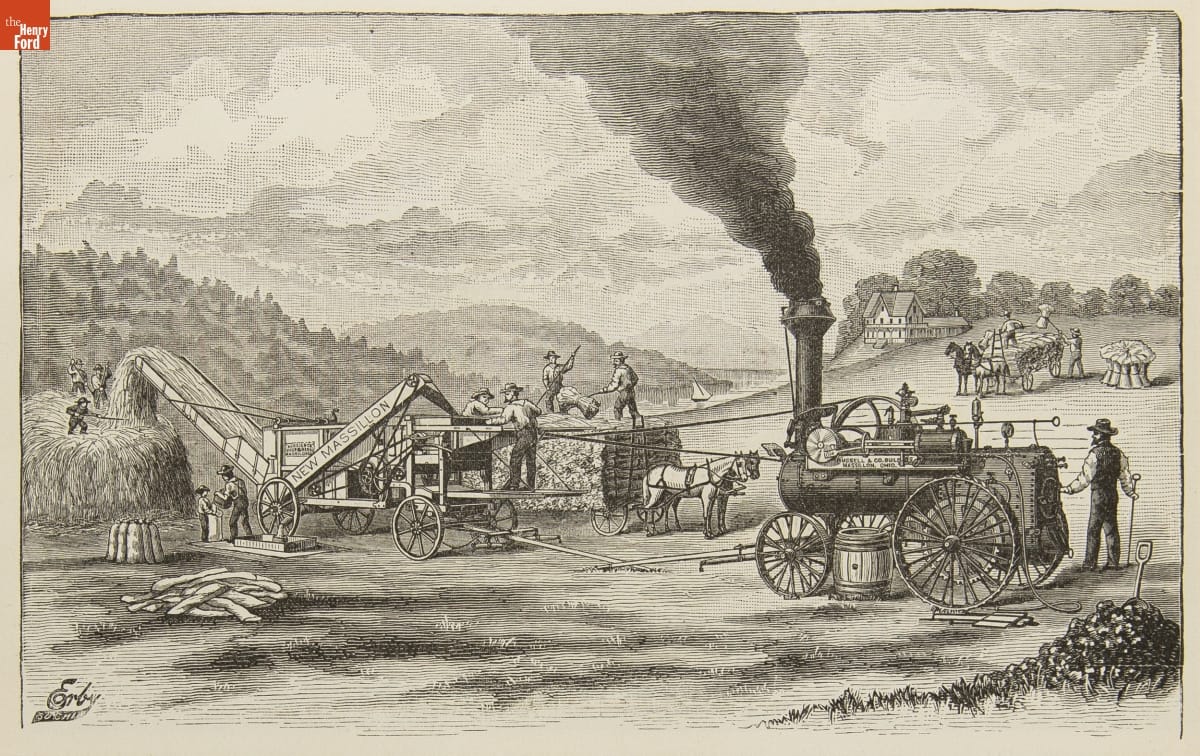 Illustration of a steam engine hooked up to agricultural equipment that is outputting a large pile of hay as many people work in the vicinity