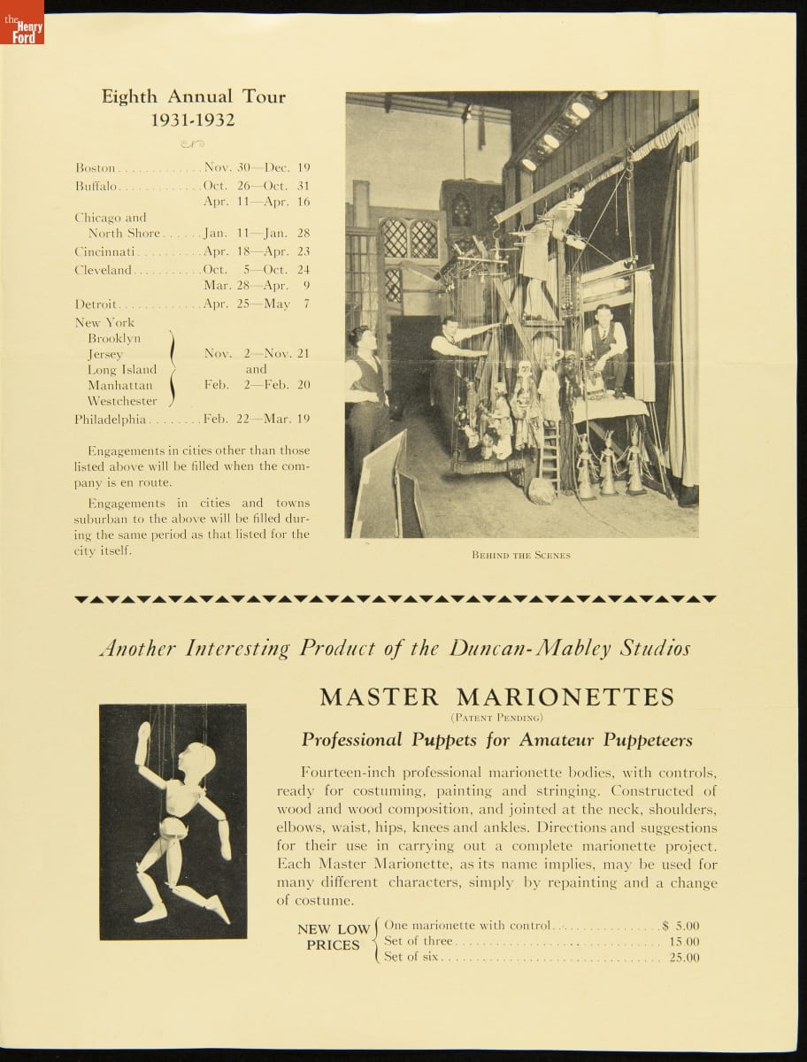 Sheet with text, photograph of people working marionettes on a stage, and a photo of a single marionette