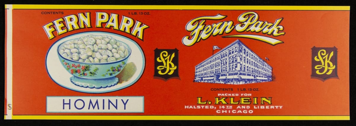 Can Label, "Fern Park Brand Hominy," 1920-1940 Red label with text and images of hominy in a blue painted bowl and a building