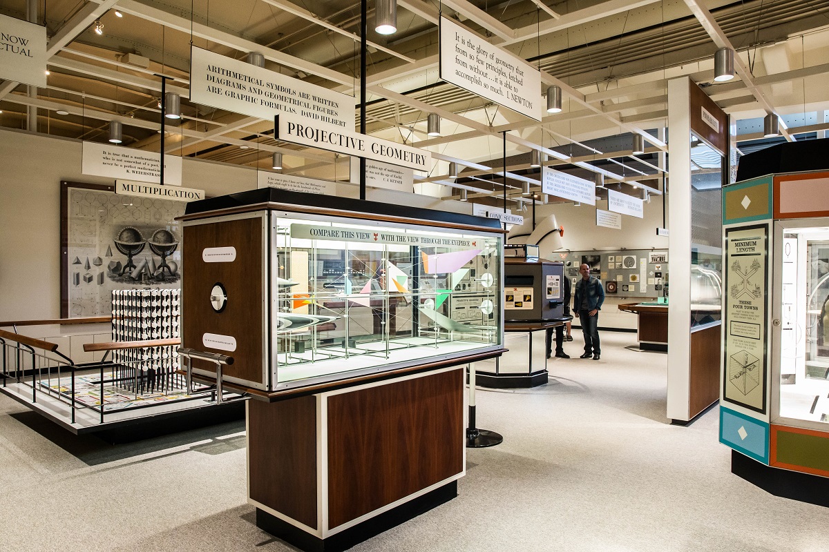 Museum exhibit with many cases and displays