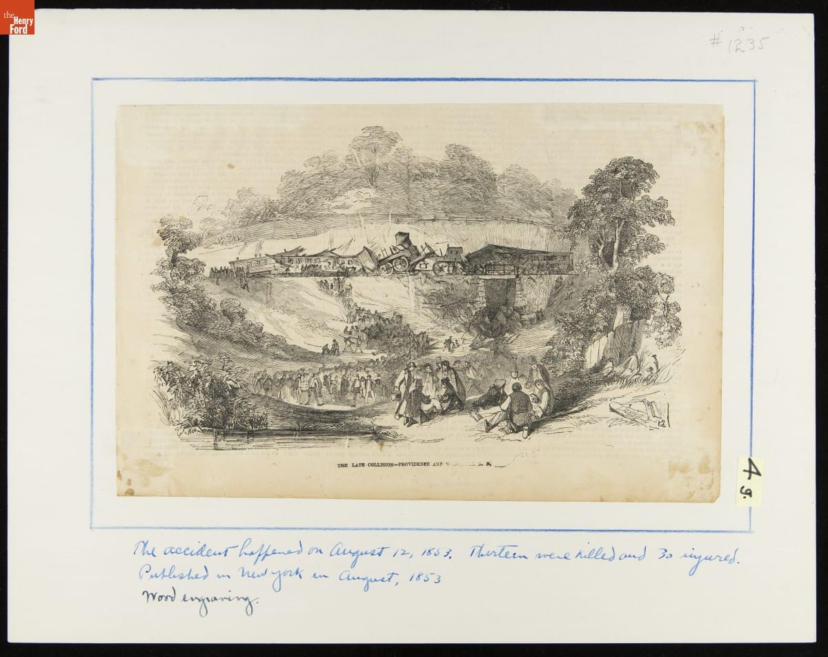 The Late Collision - Providence & Worcester R.R., August 12, 1853 Print of a train crash with many people gathered around; with handwritten text at bottom