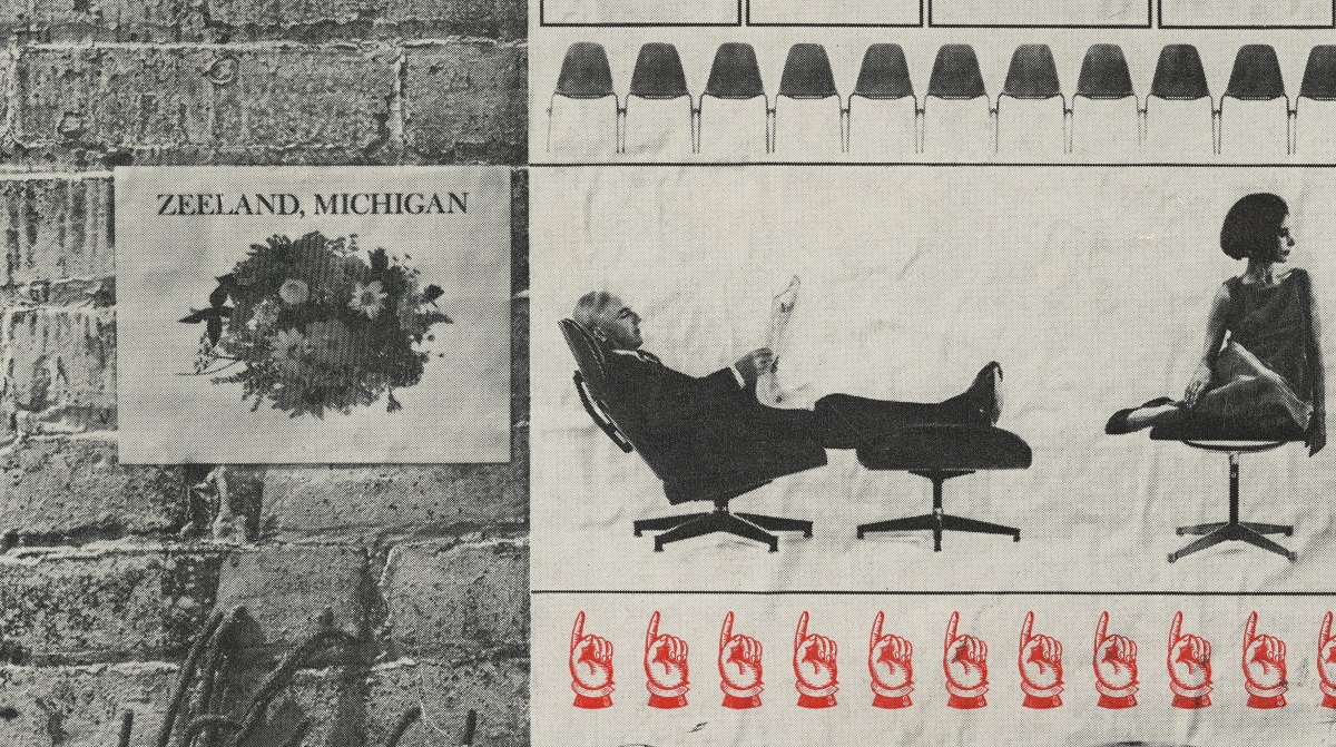 Black-and-white image of flowers and text "ZEELAND, MICHIGAN" against brick wall on left; on right images of people and chairs and red pointing finger icons