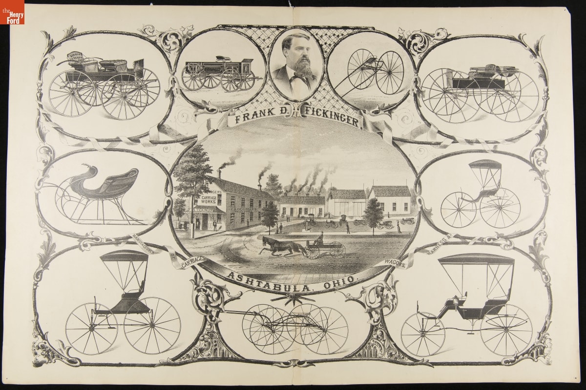 Page with text and images of a number of types of wheeled carriages (and one sleigh)