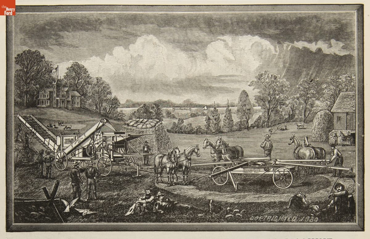 Illustration of horses hooked to a spoke-like wagon attached to a piece of farm equipment; piles of hay and many people working are nearby