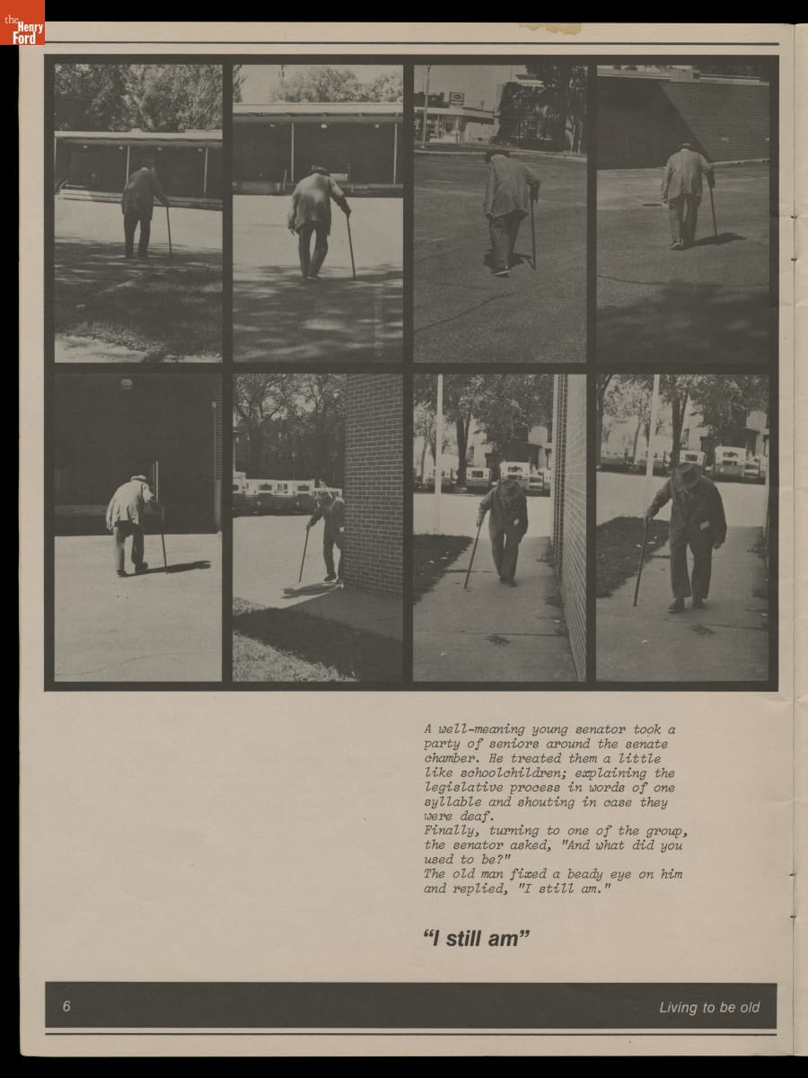 Black-and-white page with text and 8 images of bent-over person using a cane