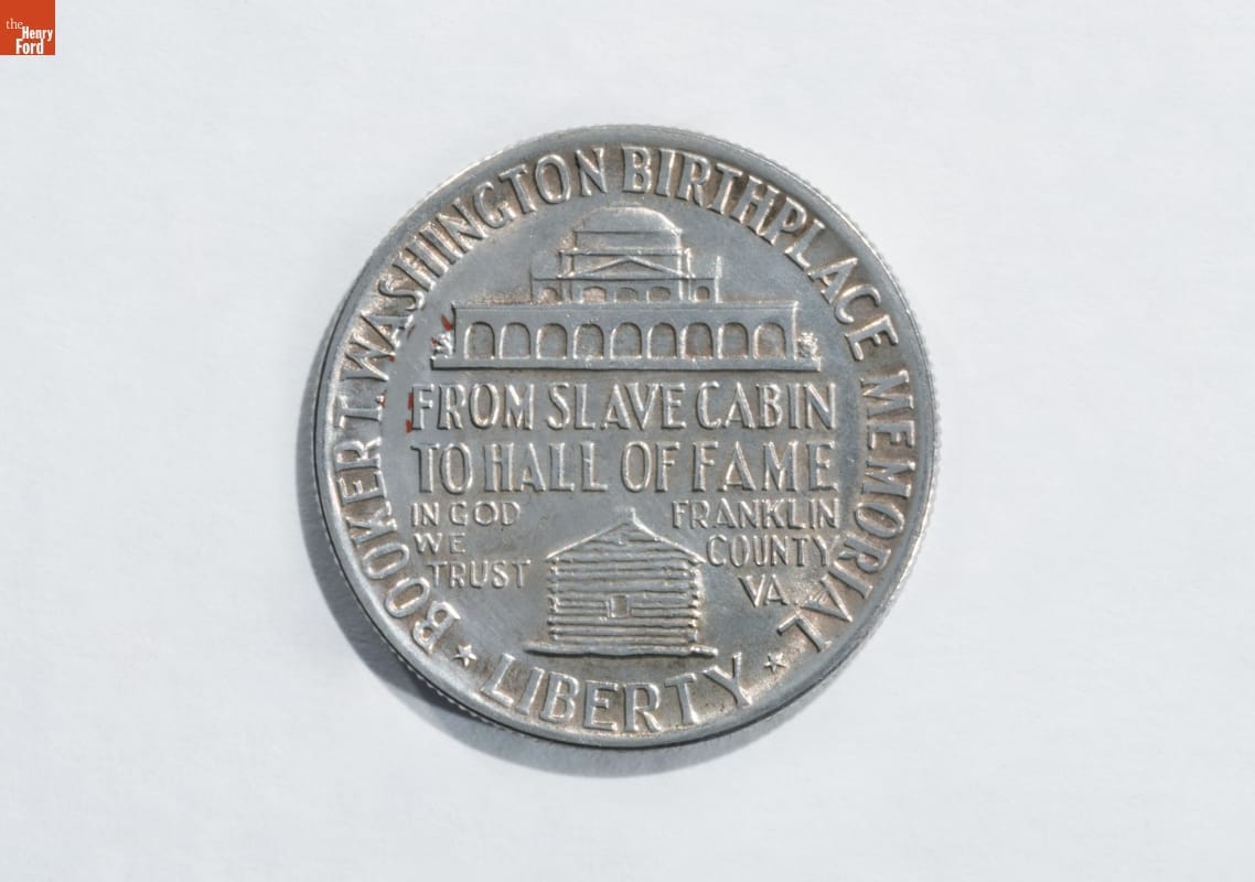 Commemorative Half Dollar Coin Featuring Booker T. Washington, 1946 / reverse Silver coin with text and images of two buildings