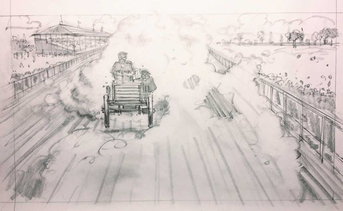 Sketch of car on track with fences on either side, grandstands in background, clouds of smoke rising from it