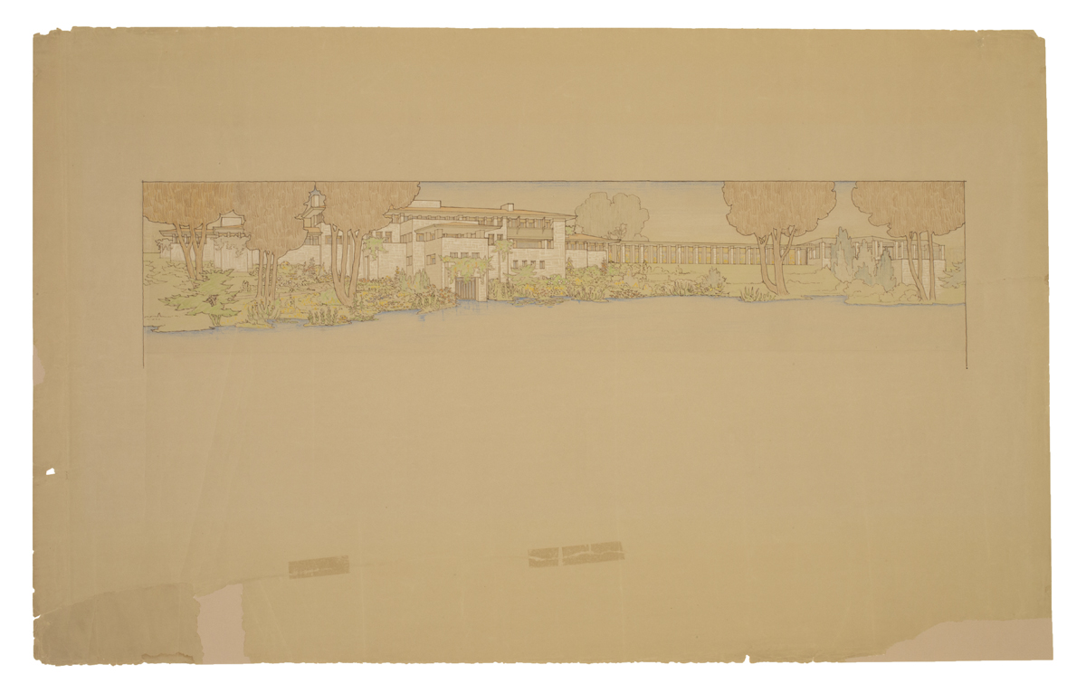 Architectural Rendering, "Fair Lane," 1914 Drawing of house and yard on manila paper