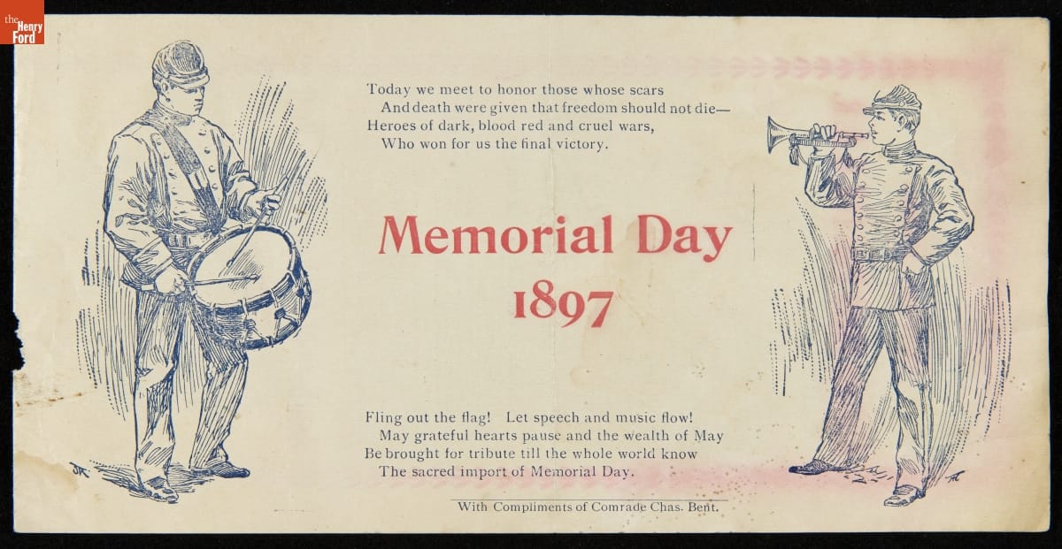 Card with text, and two images of soldiers, one playing a bugle and the other a drum
