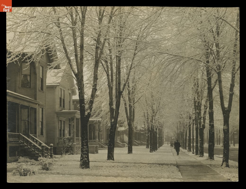 Street scene looking down sidewalk lined with a row of delicate snow-covered trees on either side; houses in a row down one side