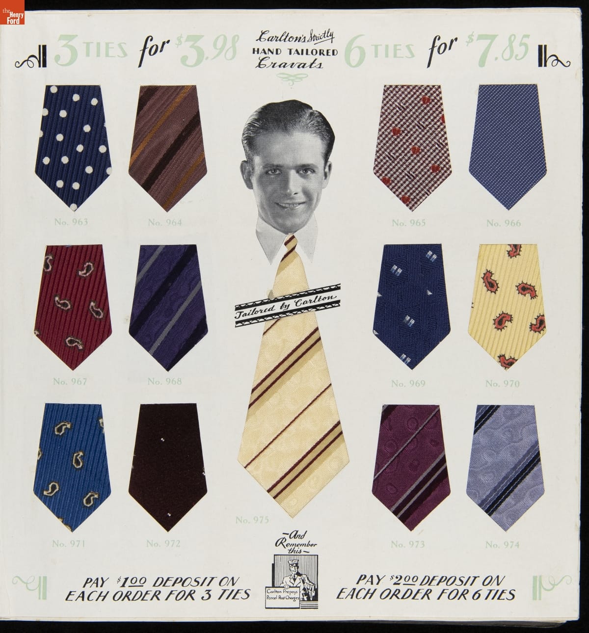Black-and-white photograph of man’s head and collar in middle of page with an oversized yellow striped necktie extending below; additional tie colors and patterns in shapes that look like the bottom of neckties on either side of middle illustration with numbers under each; text at top and bottom of page