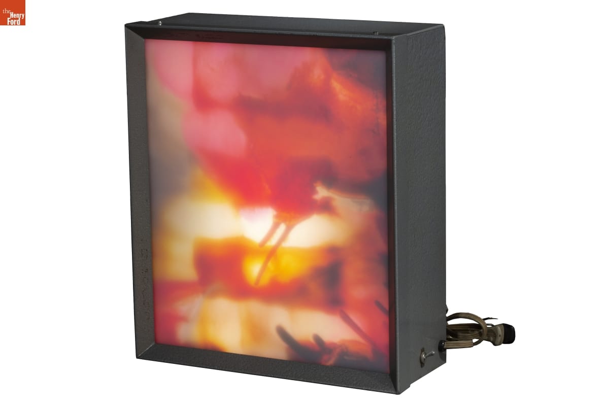 Light Box by Lillian F. Schwartz, 1966 Black box with plug, displaying image of abstract, organic colors, backlit