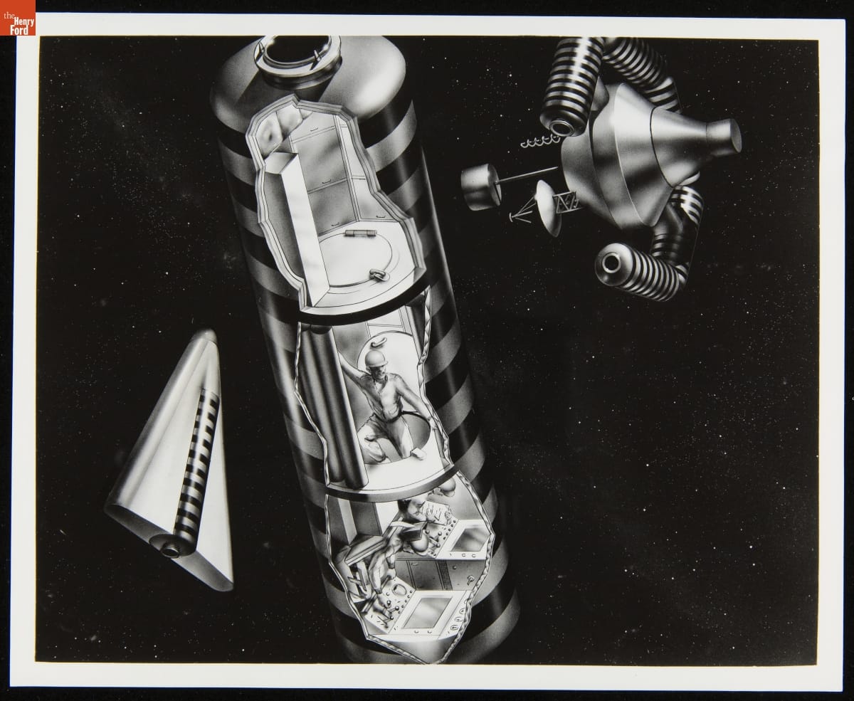 Space stations/vehicles, including one capsule-shaped with "breakaway" to show interior with rooms and person, one smaller and triangular, and one top-shaped with tubing around it