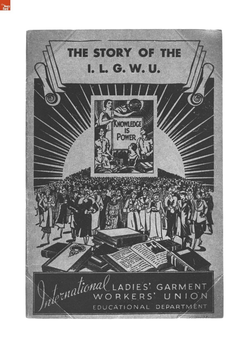 The Story of the I.L.G.W.U., 1935 Cover with large crowd of women, each carrying a book, with a table filled with books in the foreground; smaller inset image with more women and text "Knowledge Is Power"; also contains more text