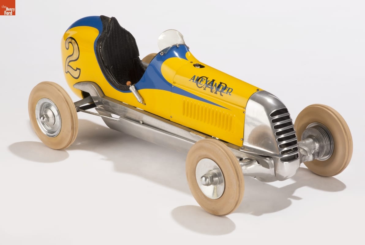 Small blue, yellow, and chrome toy car