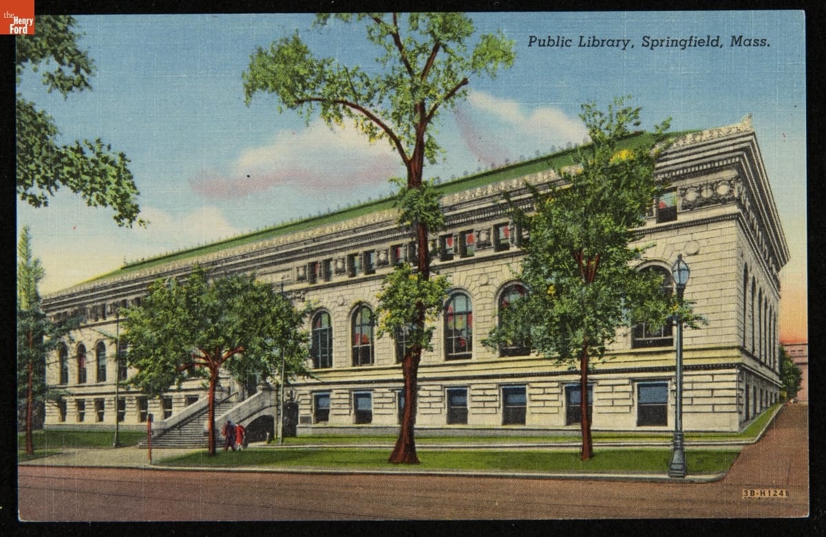 Postcard depicting the front street view of the public library in Springfield, Massachusetts in 1943