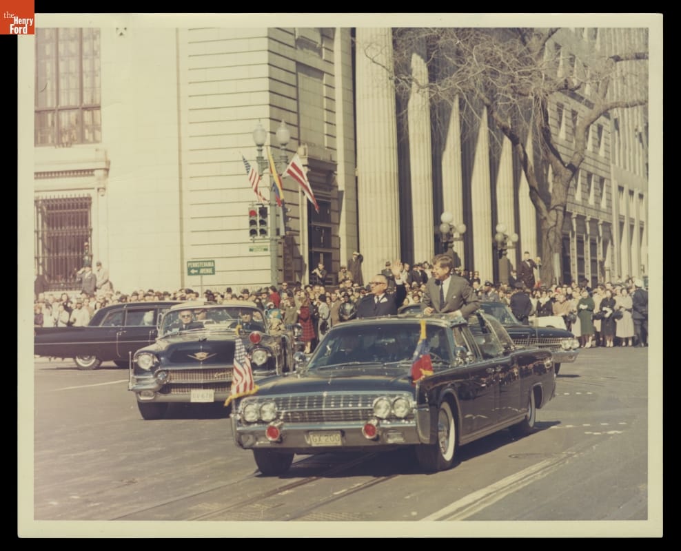 thf106487 President Kennedy Riding in the 1961 Presidential Lincoln Limousine with Venezuelan President Romulo Betancourt, Washington, D.C., 1963