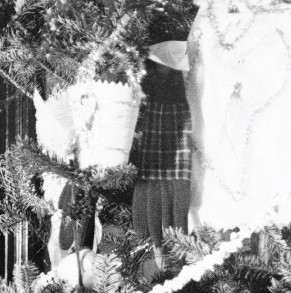 GIF cycling through two images, one black-and-white and one in color, showing part of a Christmas tree with plaid gloves hanging on it