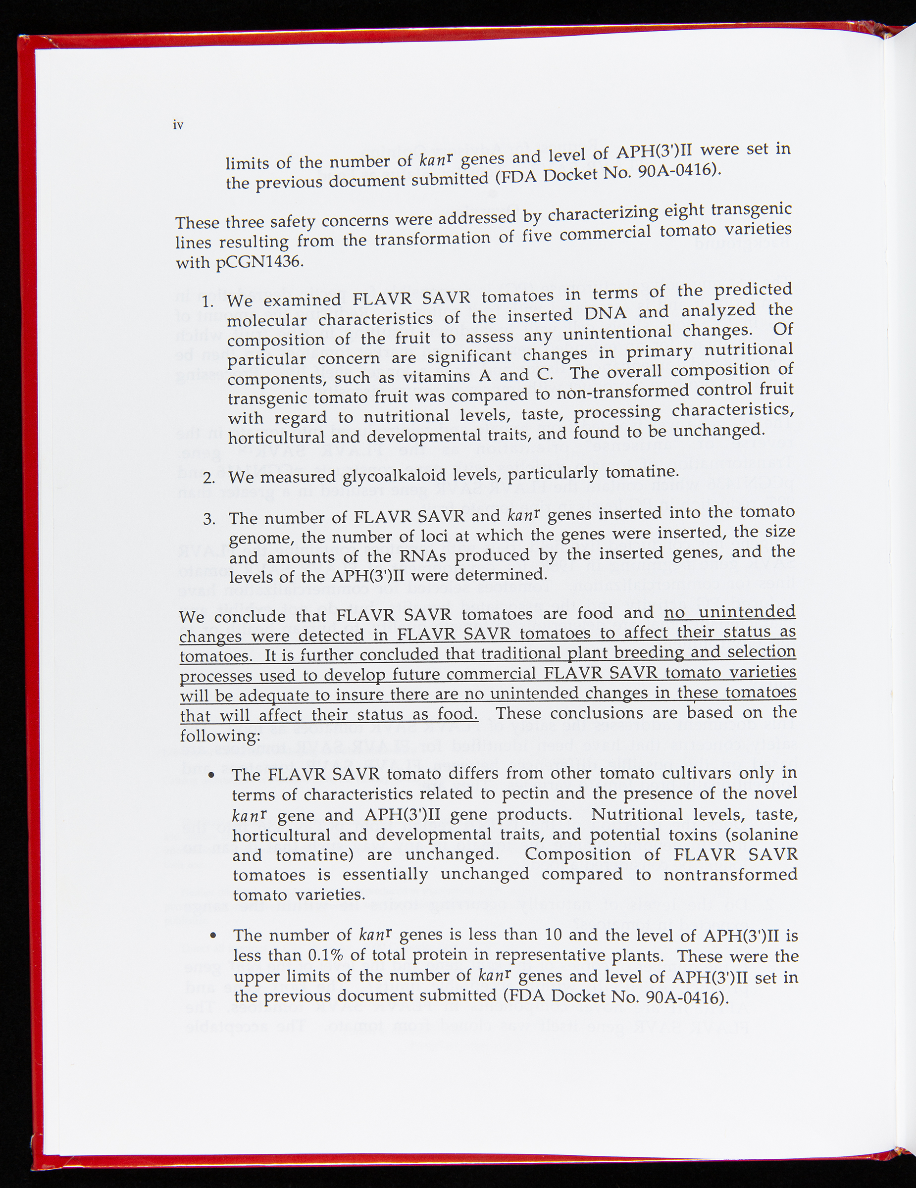 Page iv from "Safety Assessment of Genetically Engineered Fruits and Vegetables: A Case Study of the FLAVR SAVR (TM) Tomato" Book page with text
