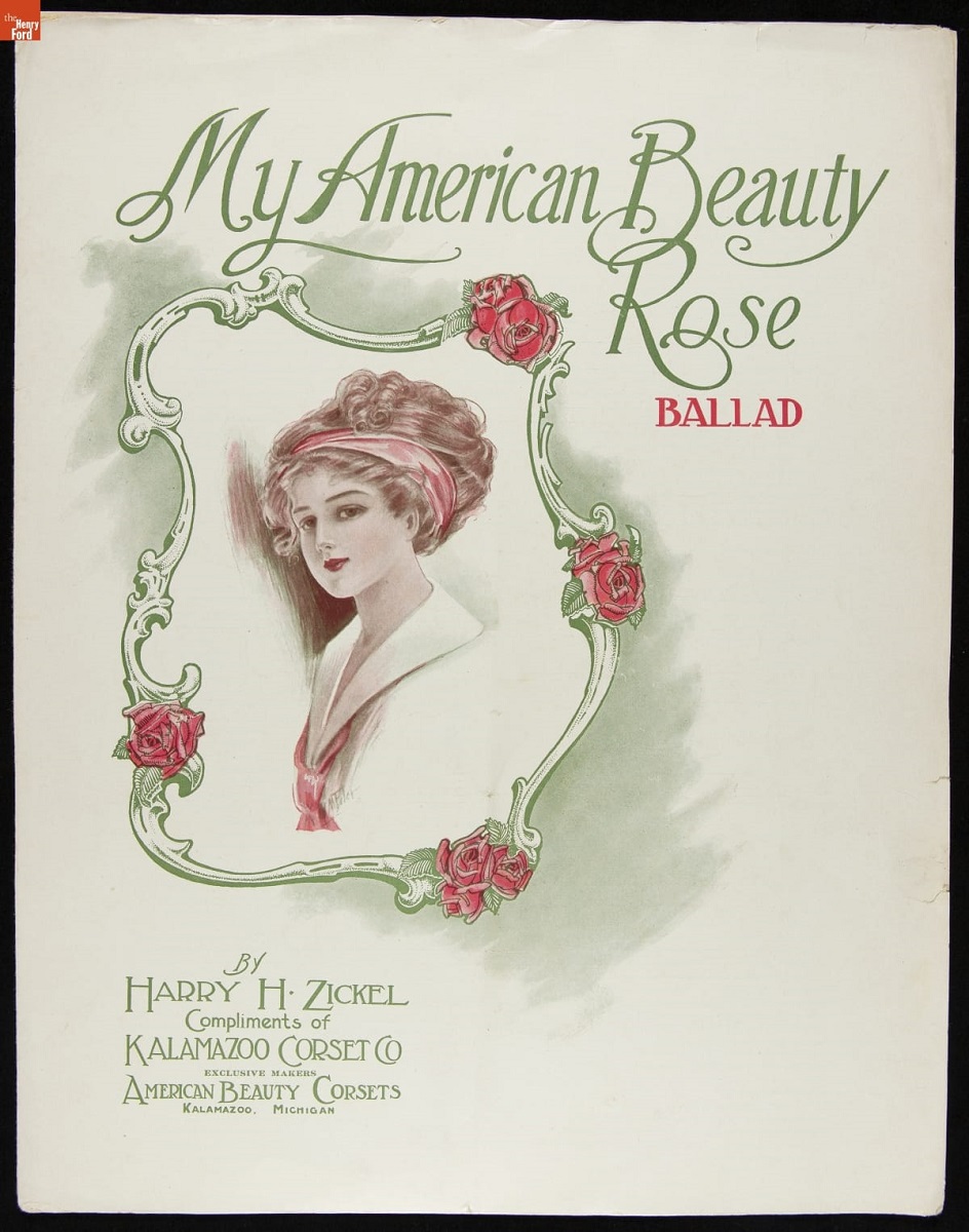 My American Beauty Rose: Ballad, 1910 Page with image of woman surrounded by decorative frame with roses; also contains text