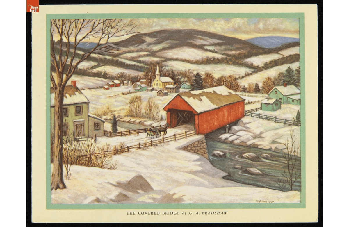 GIF cycling through three images--a snowglobe, a postcard, and an ornament--depicting covered bridges