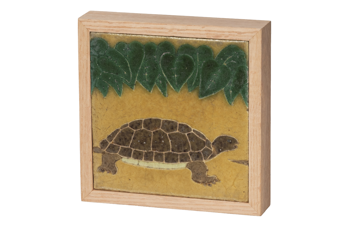 Tile, 1905-1920 Tile of turtle on yellow background under green leaves
