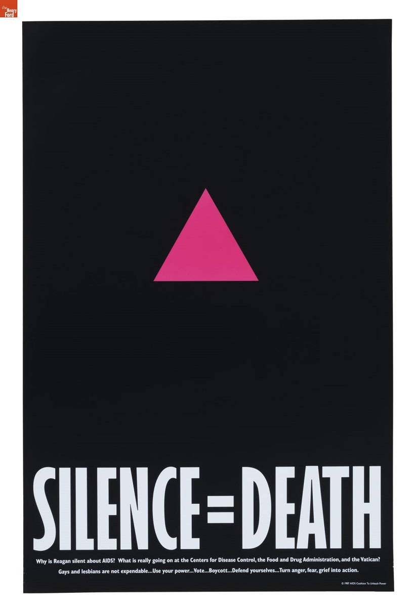 Black poster with pink triangle in center and text "SILENCE = DEATH" at bottom