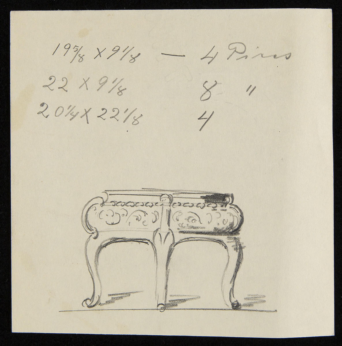 Page with drawing of stool or table and measurements and notes written above