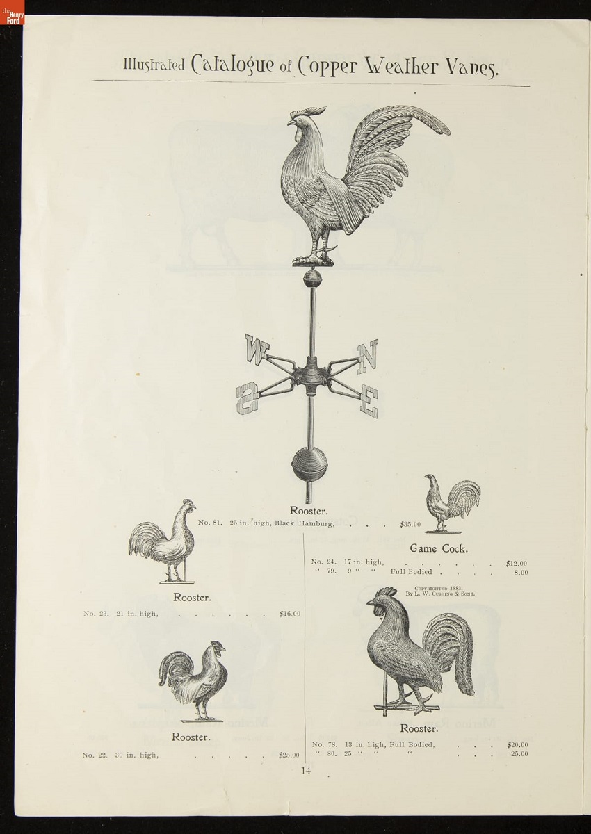 Several drawings of weathervanes featuring different roosters; also contains text