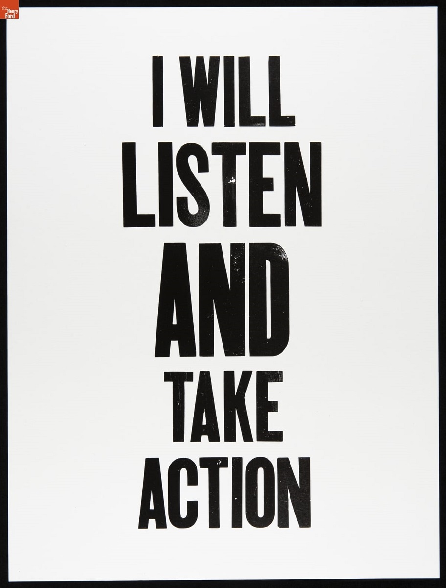Page with large printed text "I WILL LISTEN AND TAKE ACTION"