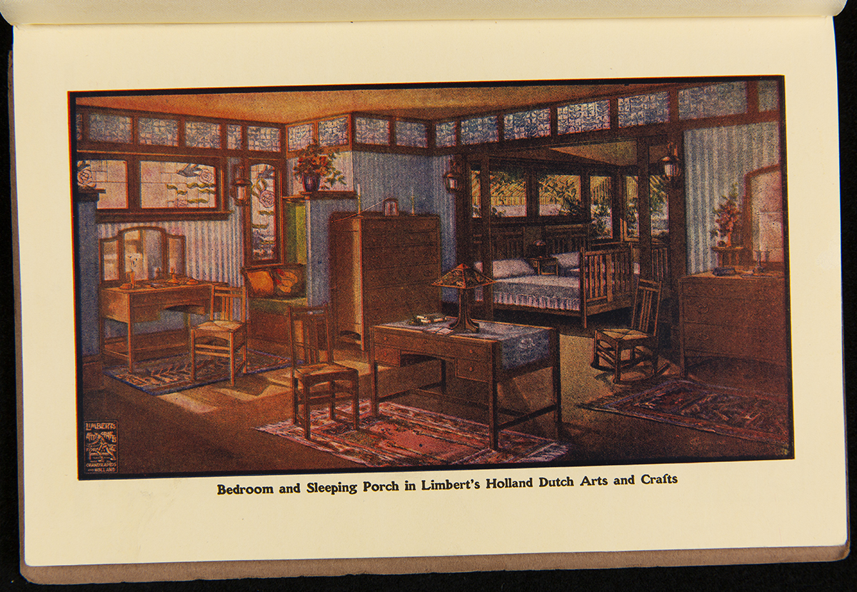 Limberts Holland Dutch Arts and Crafts Furniture, circa 1910 / page 7 Bedroom very full of furniture and other decorative accessories