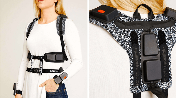 Gif showing four total images of backpack-like device that attaches around the body