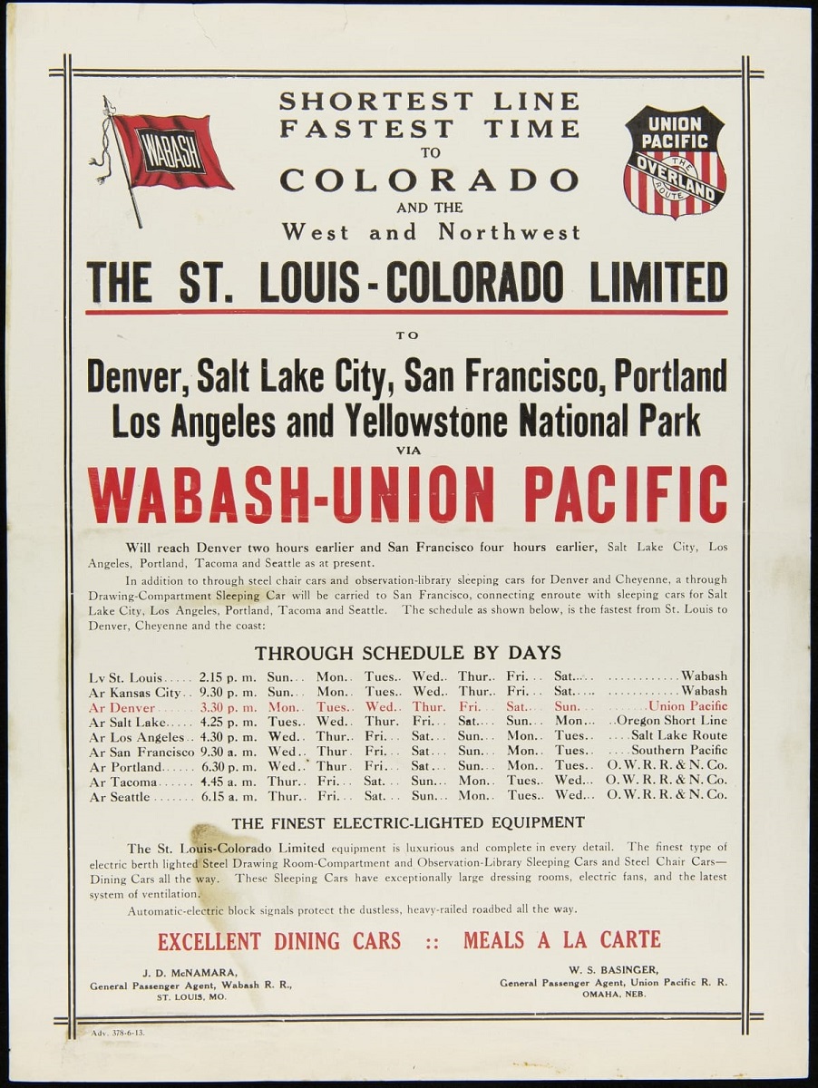 Shortest Line, Fastest Time to Colorado and the West and Northwest - The St. Louis Colorado Limited, 1913 Page with text in black and red, timetable, and flag and badge icons