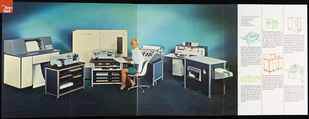 Burroughs E8000, circa 1965 / detail2 Photo of woman sitting among a variety of office equipment, with text and line drawings of equipment to the right side
