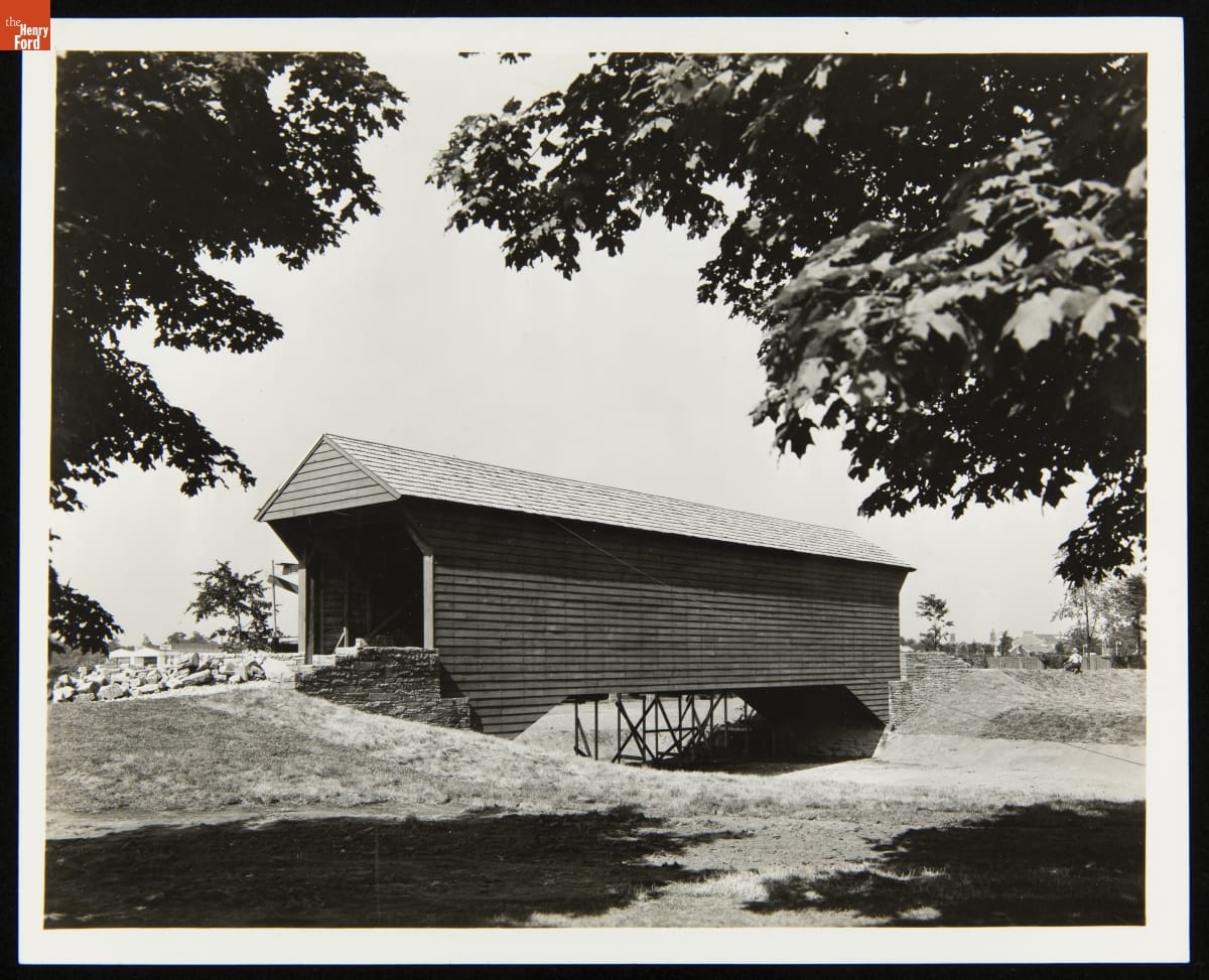 Covered bridge over dry streambed 