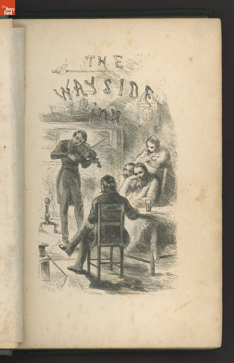 Tales of a Wayside Inn, 1863 / inside Page with text and a man playing a violin in front of a fireplace as several people around a table listen