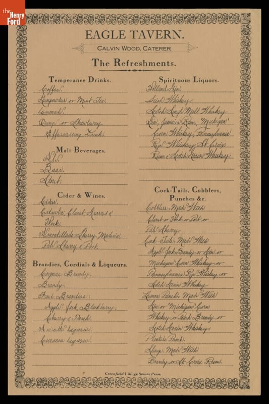 Menu from Eagle Tavern, Greenfield Village, 1982, "The Refreshments" Menu with printed and handwritten text and decorative border