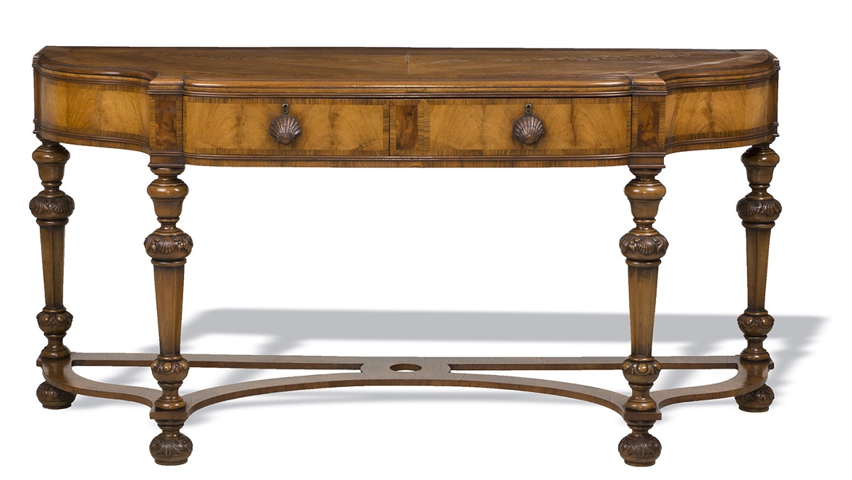 Wooden console table with decorative legs and shell-shaped drawer pulls
