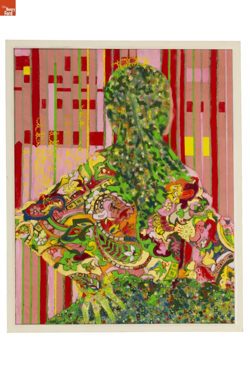 Painting by Lillian F. Schwartz Painting of a humanoid figure made up of small shapes and patterns in many colors including green, on a background of red, pink, and yellow rectangles