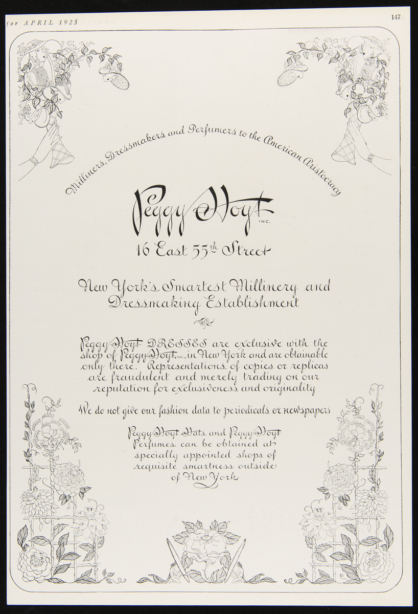 Page with decorative script text and line drawings of floral arrangements and women in hats