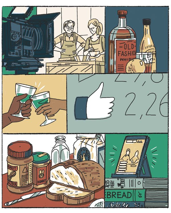 Illustration of a man and woman in front of a camera cooking a meal, old fashion whiskey and bitters, two hands clinging wine glasses, a hand giving a thumbs up, a spread of toppings for a sandwich, and a tablet propped on a stack of cooking books.