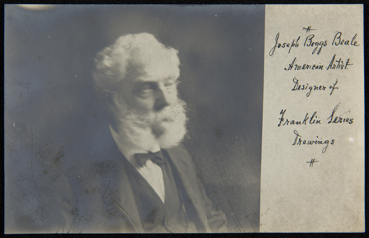 Portrait of Joseph Boggs Beale, circa 1915 Black-and-white portrait of man in suit with white hair, beard, and mustache; cursive text on one side