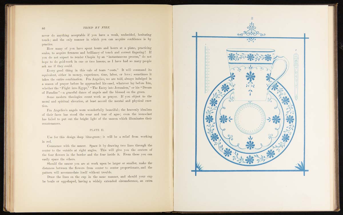 Book open to one page of text and one page with illustration of white plate and mug with blue floral pattern