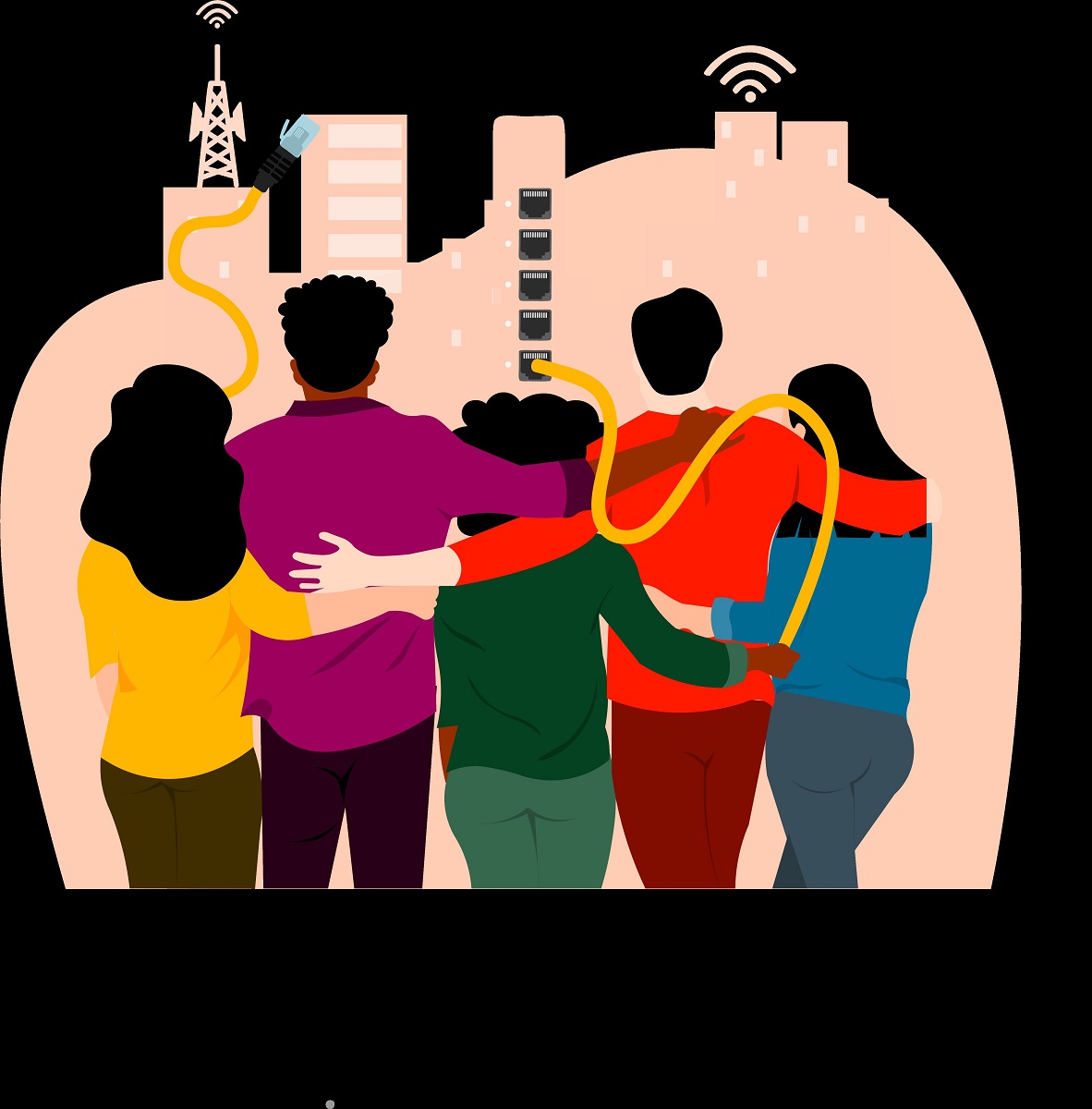 The Digital Era Illustration of five people, backs to the viewer, arms around each other, looking at a cityscape with with USB cords plugged into buildings and wifi/Internet symbols