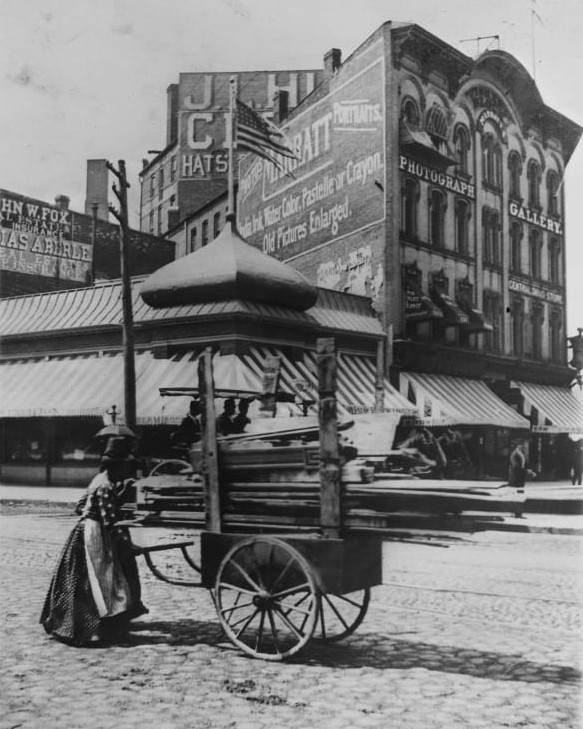 Women Pushing a Handcart along Michigan Avenue at Woodward, Detroit, Michigan, 1875-1893