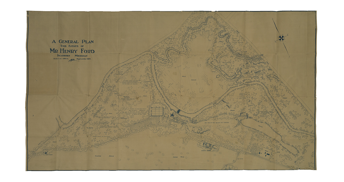 Jens Jensen Landscape Architecture Drawing, "A General Plan of the Estate of Mr. Henry Ford, Dearborn, Michigan," 1915 Blueprint showing aerial view